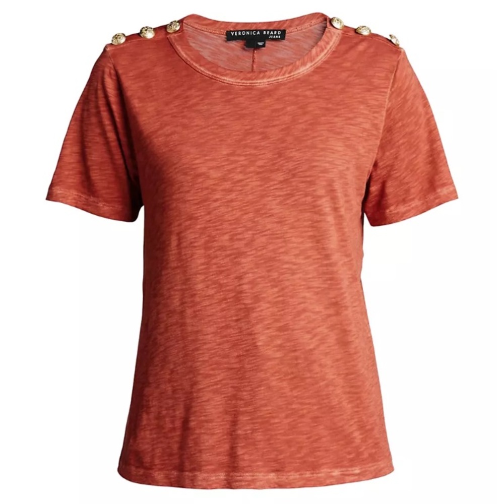 Veronica Beard Carla Button Trimmed T Shirt, Rust, XS, 100% Pima Cotton, NWOT